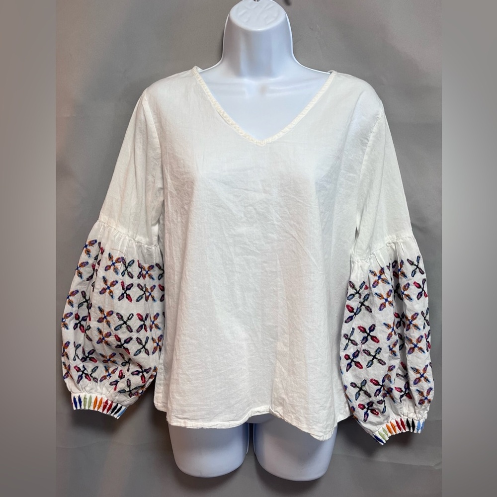 Jennifer &‎ Grace Women Long Sleeves Blouse Cotton Embroidered V-Neck Sz Medium